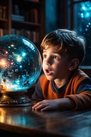 ((an amazed and ecstatic boy)) looking closely at a glass sphere on a mysterious old desk in a mysterious room. ((Inside the glass sphere is a miniature universe with galaxies and nebulae)). Volumetric light, moody, mystery (very dark room: 1.2), suspended dust motes, dramatic shot, dramatic lighting, suspense, shallow depth of field, macro photography. sphere emits bluish light, highly detailed scene, teal-orange tones, lens flare, glow effects