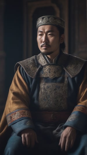 a cinematic long portrait, manly king mongol, sitting with a intricate king attire, photorealistic, dramatic photography, professional composition, high definition, detailed photography, soft contrast, muted tones, cinematic colors, shot with a Zeiss Otus 55 mm lens F/1.4, volumetric light, inside a castle, film vignette, gloomy atmosphere, textured skin face