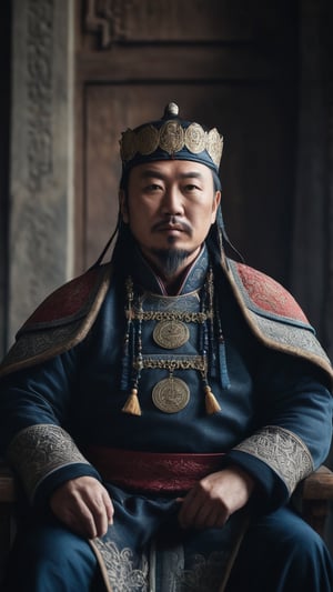 a cinematic long portrait, manly king mongol, sitting with a intricate king attire, photorealistic, dramatic photography, professional composition, high definition, detailed photography, soft contrast, muted tones, cinematic colors, shot with a Zeiss Otus 55 mm lens F/1.4, volumetric light, inside a castle, film vignette, gloomy atmosphere, textured skin face, (four fingers and one thumb on each hand)