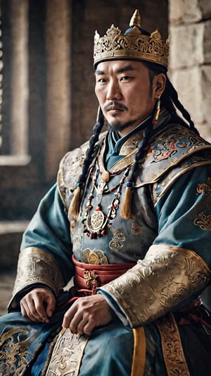 a cinematic long portrait, manly king mongol, sitting with a intricate king attire, photorealistic, dramatic photography, professional composition, high definition, detailed photography, soft contrast, muted tones, cinematic colors, shot with a Zeiss Otus 55 mm lens F/1.4, volumetric light, inside a castle, film vignette, gloomy atmosphere, textured skin face