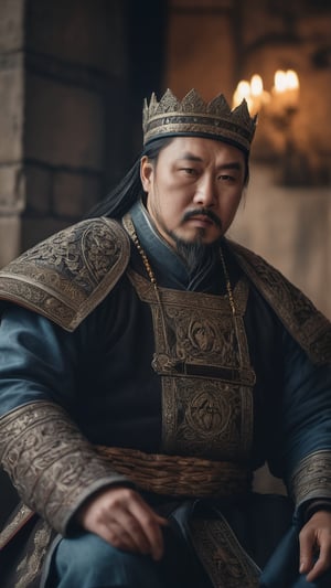 a cinematic long portrait, manly king mongol, sitting with a intricate king attire, photorealistic, dramatic photography, professional composition, high definition, detailed photography, soft contrast, muted tones, cinematic colors, shot with a Zeiss Otus 55 mm lens F/1.4, volumetric light, inside a castle, film vignette, gloomy atmosphere, textured skin face, (four fingers and one thumb on each hand)