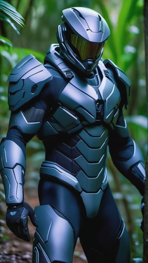 a man dressed with the nanosuit, from the Crysis game, in the middle of the jungle, photo, very detailed photography, enhanced details, shallow depth of field, high definition, action pose, futuristic visor, soft contrast, RAW photo, shot with a Zeiss Otus 55 mm lens F/1.4