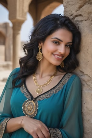 portrait of a young woman persian, ((wavy black hair to the side of his neck)), round face, delicate perfect hands, beautiful face, serene expression, shy smile, gold necklace and large earrings, in a former Persian style, printed teal dress, in front of a damaged Persian old structure, dusty, dust in the air, persian ruins, dusty atmosphere