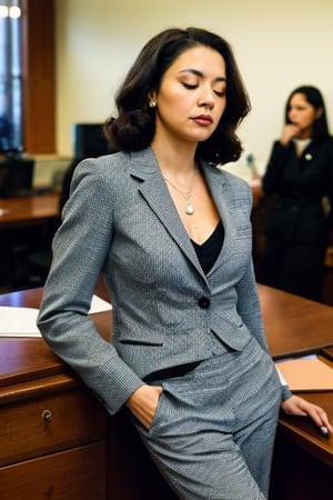 a woman, mafia style, 40s, with striped suit, ((leaning on desk)) in a 1940s office, (looking at viewer), brown eyes, half-closed eyes, black hair, focused composition, 4k, fine details, photo realistic, natural photo, RAW photo, soft contrast, dark scene, set in the mafia era