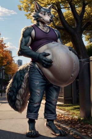by personalami, by hioshiru, by zackary911, by null-ghost), male, anthro_wolf, solo, legoshi_(beastars), fat body, park, standing, clothed, tank top , bottom wear, pants, safe, standing, bara, claws, black pupils, (fat:2.6), soft body, (correct anatomy:)7.0, vore, Big belly,( vore belly size:5.5), detailed belly, a person in his belly, (detailed clothing), natural lighting, best quality, Legoshi, big belly, big pecs, vore, kids in Legoshi's belly, best quality,person in belly, readable text, 