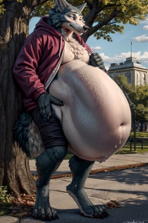 by personalami, by hioshiru, by zackary911, by null-ghost), male, anthro_wolf, solo, legoshi_(beastars), fat body, park, standing, clothed, hoodie , bottom wear, short pants, safe, standing, bara, claws, black pupils, (fat:2.6), soft body, (correct anatomy:)7.0, vore, Big belly,( vore belly size:5.5), detailed belly, a person in his belly, (detailed clothing), natural lighting, best quality, Legoshi, big belly, big pecs, vore, kids in Legoshi's belly, best quality,person in belly, readable text, 