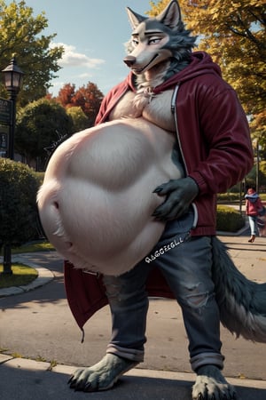 by personalami, by hioshiru, by zackary911, by null-ghost), male, anthro_wolf, solo, legoshi_(beastars), fat body, park, standing, clothed, hoodie , bottom wear, pants, safe, standing, bara, claws, black pupils, (fat:2.6), soft body, (correct anatomy:)7.0, vore, Big belly,( vore belly size:5.5), detailed belly, a person in his belly, (detailed clothing), natural lighting, best quality, Legoshi, big belly, big pecs, vore, kids in Legoshi's belly, best quality,person in belly, readable text, 