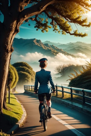  Ultra detailed),( The best lighting, Best shadow  jpeg artifacts, signature, mechanical, 8k, HD, fantasy, green jungle, thick fog, mystery, lush green, gloomy, old castle architecture, from behind, tree, blue sky, shadow, cloudy sky, grass, plant, ground vehicle, scenery, facing away, road, summer, bicycle, bicycle basket, midjourney,1girl, imagen detallada, ojos hermosos, piel hermosa y brillante, uniforme de oficial militar (blusa blanca, pantalones azules, blazer militar azul, corbata azul, gorra militar de plato) perfect face, perfect body, 