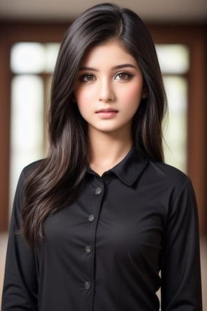 (Highest resolution, distinct_image) The best quality, A woman, Masterpiece, Highly detailed, Half realistic, Black hair, bangs, big eyes, beautiful indian girl, 18 years old Young, Black clothing, black uniforms, Military academy, Beautiful, Heroic, Heroic, indoor background, Delicate and delicate facial features, cowboy_shot, looking at viewer,indian