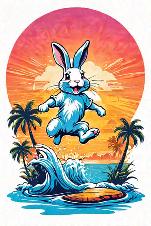 (best quality, 4k, 8k, highres, masterpiece:1.2), ultra-detailed,T-shirt design,illustration, a rabbit jumping out of the water with a sunset in the background and a palm tree,white background