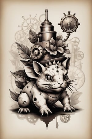 Ivysaur,in the style of patent style drawing in ink on an old paper,(steampunk:1.3),minimal vector,(monotone:1.3),old fashioned,nostalgie