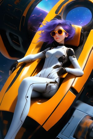 A girl reclines on the roof of a spaceship under construction, clad in a open mechanic's suit, sport bra. Her short violet hair peeks out from under her sunglasses as she gazes up at the sky with a light smile. Various tools lie scattered around her.