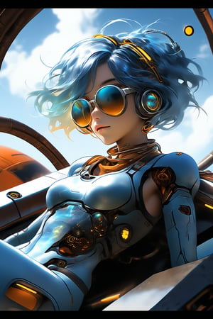 A girl reclines on the roof of a spaceship under construction, clad in a open mechanic's suit, sport bra. Her short blue hair peeks out from under her sunglasses as she gazes up at the sky with a light smile. Various tools lie scattered around her.