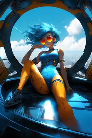 A girl reclines on the roof of a spaceship under construction, clad in a open mechanic's suit, sport bra. Her short blue hair peeks out from under her sunglasses as she gazes up at the sky with a light smile. Various tools lie scattered around her.
