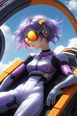 A girl reclines on the roof of a spaceship under construction, clad in a open mechanic's suit, sport bra. Her short violet hair peeks out from under her sunglasses as she gazes up at the sky with a light smile. Various tools lie scattered around her.,kawaiitech