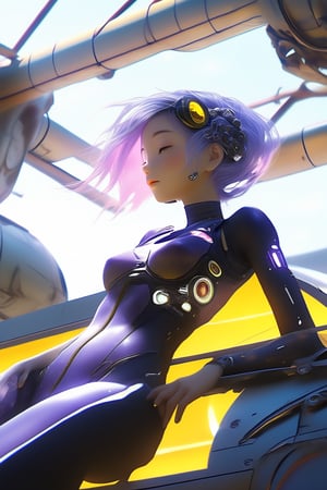 A girl reclines on the roof of a spaceship under construction, clad in a open mechanic's suit, sport bra. Her short violet hair peeks out from under her sunglasses as she gazes up at the sky with a light smile. Various tools lie scattered around her.,kawaiitech