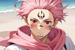 anime, man, sexy pose,Accustomed to the sand, silver, sunsetr,,, blushing,, 
,sukuna, pink hair, red eyes, facial tattoo