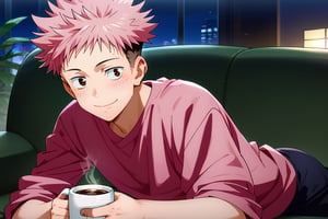 anime, man, sexy pose,  
a man lying on a sofa, blushing, lifting his shirt, night,yuuji_itadori, pink hair, brown eyes, short hair, undercut, spiked hair, with a large cup of coffee, smile