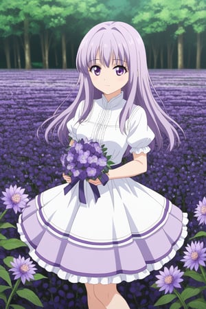 anime, woman, violet flowers,