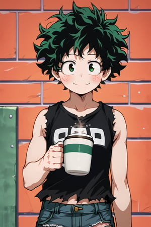 man , a black sleeveless t-shirt and torn jean pants, wall background, posing blushing, anime. , sunset,  with a large cup of coffee,izuku_midoriya, green hair, green eyes, short hair, smile, looking at the viewer