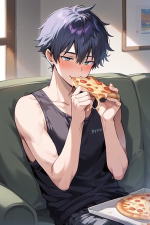 a man eating pizza, sofa, sexy clothes, blushing