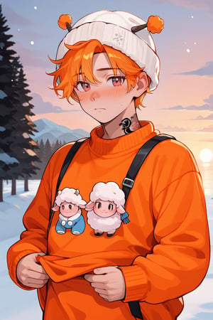 a man with a wool cap and an orange sweater, lifting his sweater, snow, sunset ,looking, blushing, sexy, blushing, 

,Tattoos 