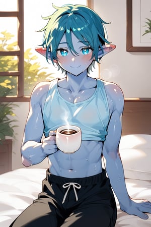 an elf man with blue skin, shiny, shine, sun, blushing, flowers 1man Blushing one man ,with a large cup of coffee , sitting on a bed, sexy smile, blushing, sweating, crop top ,looking at the viewer

