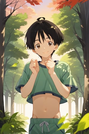 anime, man, sexy pose, 1 man, alone, abdomen, stomach, navel, trees, dry leaves,
,, crop top, , , sunset, with hands up, pose, smile,,kazuhiko nukumizu, black hair, brown eyes