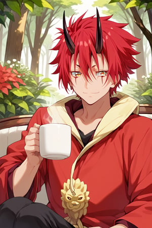 anime, man, sexy pose,1 man, alone,sitting on a sofa, surrounded by flowers, big cup of coffee, forest,izu, looking my, smile,, big cup of coffee, hair between eyes, horns, oni horns, facial mark,benimaru_tensura, yellow eyes, red hair