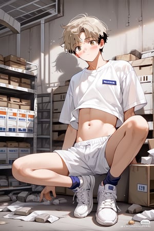 anime, man, sexy pose,1 man, alone, abdomen, stomach, navel, 
, shirt, white shirt, crop top, , , short, short, short ankle socks, shoes, socks, sneakers, , 
warehouse, concrete walls, looking at viewer, blushing, a man


