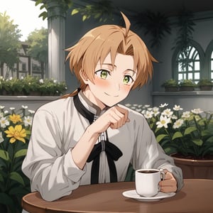 a man 
having a cup of coffee at a table in the flower garden, blushing, smile
,rudeus_greyrat