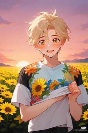 ,a man standing multicolored shirt, flowers, plya, sunset, happy lifting his shirt, looking at me blushing
,himmel_sousou_no_frieren,K3nt