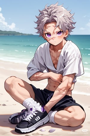 anime, man, sexy pose,1 man, alone, abdomen, stomach, navel, 
, shirt, shirt, crop top, , short, short, short ankle socks, shoes, socks, sneakers, , 
Beach, looking at viewer, blushing, a man,sanemi,scar, scar on face,scar on forehead, scar on chest,scar on arm, purple eyes,grey hair