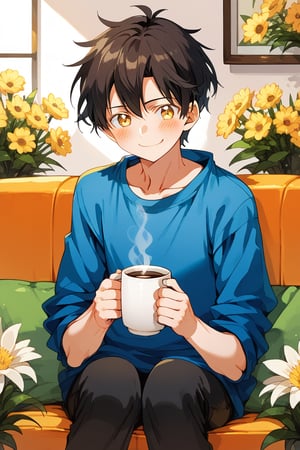 a man sitting of sofa, overol, mischievous smile, blushing,,  cup coffee, flowers
,ueno
