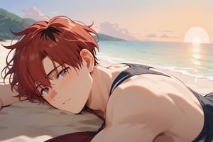 Score_9, Score_8_up, Score_7_up, Score_6_up, Score_5_up, Score_4_up,a man 
man lying on the beach, sunset, swimsuit, sexy, blushing,

,stark_sousou_no_frieren