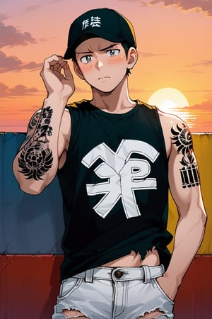 man with a black baseball cap, a black sleeveless t-shirt and torn jean pants, wall background, posing blushing, anime. , sunset, tattoo, 1 man