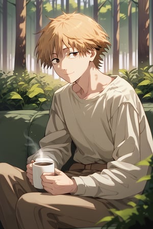 anime, man, sexy pose,1 man, alone,sitting on a sofa, surrounded by flowers, big cup of coffee, forest, looking my, smile,denji_chainsaw_man, blonde hair, brown eyes, short hair