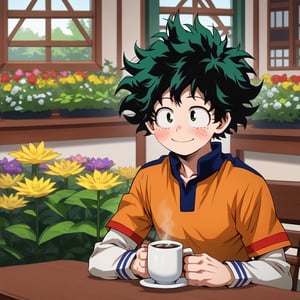 a man 
having a cup of coffee at a table in the flower garden, blushing, smile
,izuku_midoriya