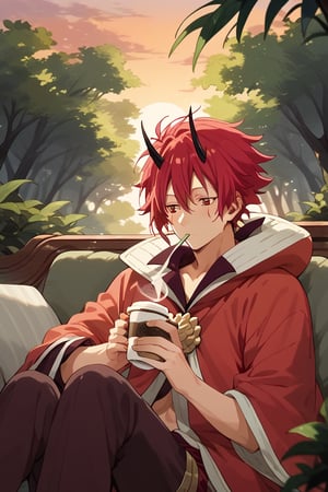 Score_9, Score_8_up, Score_7_up, Score_6_up, Score_5_up, Score_4_a man sitting on a sofa in the middle of the forest, drinking coffee, sunrise
,benimaru_tensura