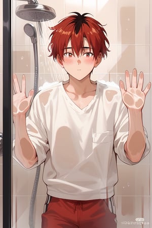 Score_9, Score_8_up, Score_7_up, Score_6_up, Score_5_up, Score_4_up,a naked man resting his hands on the shower glass, , looking through the glass, blushing, glass, , sexy, blushing, 
underpants whole body against glass
whole body

,stark_sousou_no_frieren