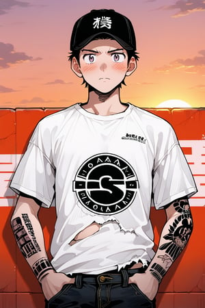 man with a black baseball cap, a black sleeveless t-shirt and torn jean pants, wall background, posing blushing, anime. , sunset, tattoo, 1 man Backwards