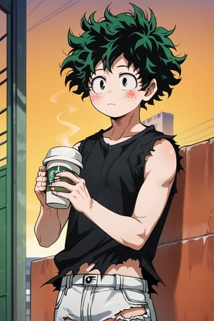 man with a black baseball cap, a black sleeveless t-shirt and torn jean pants, wall background, posing blushing, anime. , sunset,  with a large cup of coffee,izuku_midoriya, green hair, green eyes, short hair