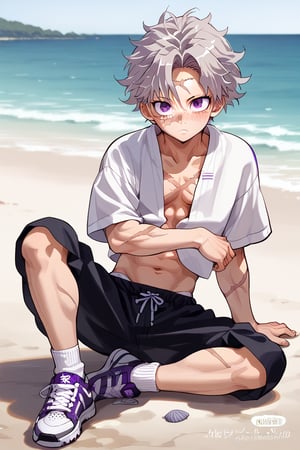 anime, man, sexy pose,1 man, alone, abdomen, stomach, navel, 
, shirt, shirt, crop top, , short, short, short ankle socks, shoes, socks, sneakers, , 
Beach, looking at viewer, blushing, a man,sanemi,scar, scar on face,scar on forehead, scar on chest,scar on arm, purple eyes,grey hair