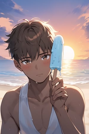 two blushing man,,a brown-skinned man, on the beach, sunset, looking at me, ice pops