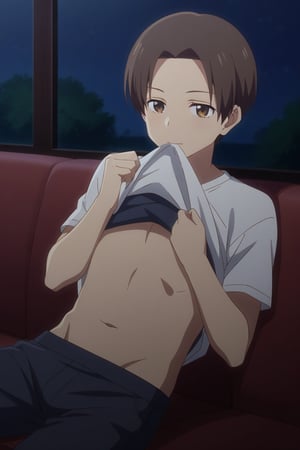 anime, man, sexy, lying on a couch, lifting his shirt, night, , ,,, blushingt,ryuuji taiga, brown hair, brown eyes