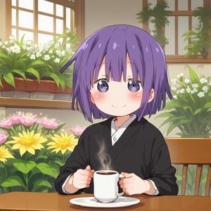 a man 
having a cup of coffee at a table in the flower garden, blushing, smile
,Shouta Magatsuchi
