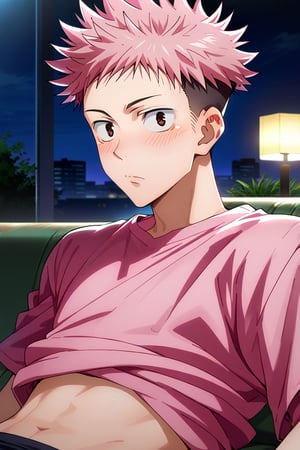 anime, man, sexy pose,  
a man lying on a sofa, blushing, lifting his shirt, night,yuuji_itadori, pink hair, brown eyes, short hair, undercut, spiked hair