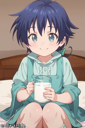 sitting on a bed having a cup of milk, mischievous smile

,lloyd