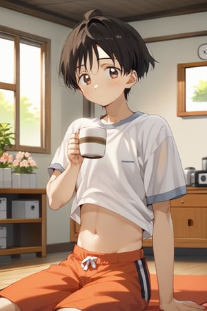 anime, man, sexy pose,1 man, alone, abdomen, stomach, navel, flower , shirt, shirt, crop top,room, old house , short, looking at me, sitting
sexy pose,

doing exercise, in a large cup of hot coffee
sitting blushing, sunset,kazuhiko nukumizu, black hair, brown eyes