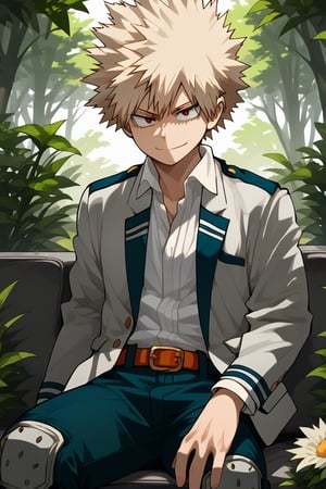 anime, man, sexy pose,1 man, alone,sitting on a sofa, surrounded by flowers, big cup of coffee, forest,izu, looking my, smile,Bakugo,Katsuki_bakugo,Bakugo_hero,Bakugo_uniform,bakugo_fantasy,belt, blue pants, knee pads, school uniform, white shirt,collared shirt, blazer, green pants